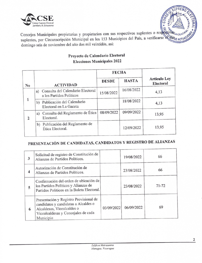 Consejo Supremo Electoral Publica Oficialmente El Calendario Electoral 6734